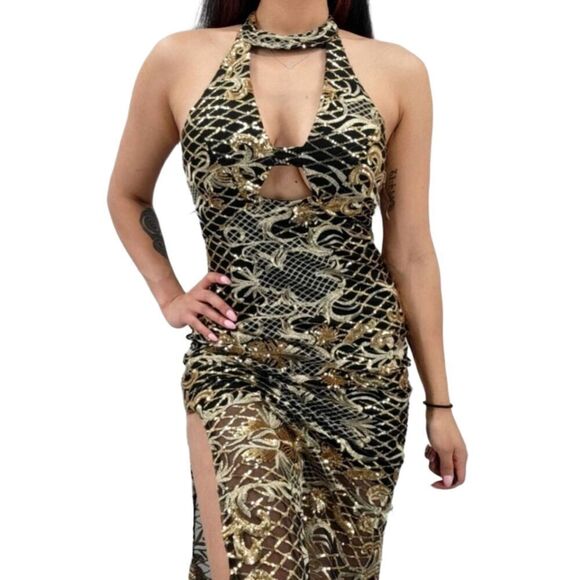 L'ATISTE Gold Metallic Sequin Halter Side Slit Maxi Dress Small - Picture 1 of 13